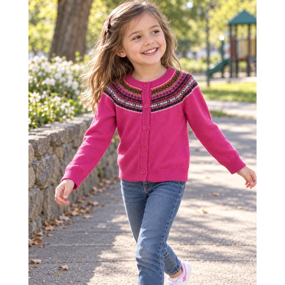 H&M Girls Pink Fair Isle Knit Button Front Cardigan Sweater Size 4-6Y